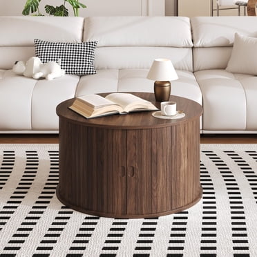 EDTara Round 28-Inch Coffee Table, Mid Century Modern Fluted Base With Hidden Storage and Sliding Tambour Door