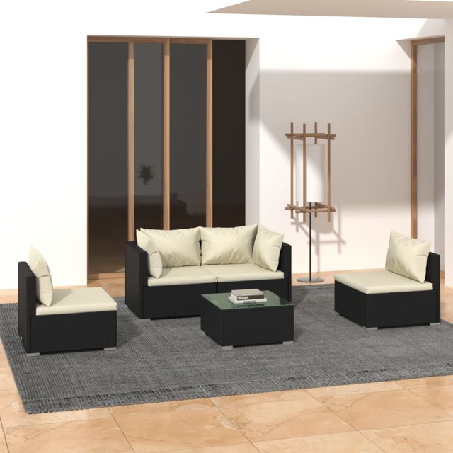 vidaXL 5 Piece Garden Lounge Set with Cushions Poly Rattan Black