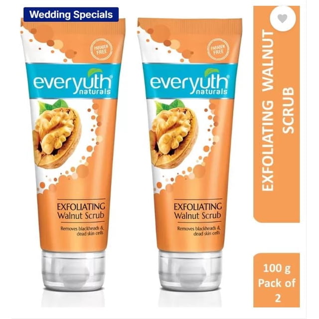 Pack of 2 Everyuth Naturals Exfoliating Walnut Scrub, each 100 g, designed for blackhead and whitehead removal. The orange and white tubes feature walnut imagery and branding, highlighting its exfoliating properties. Suitable for use twice a week for effective results.