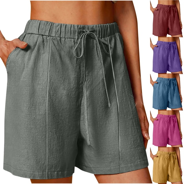 Women's Linen Summer Shorts Solid Color Comfortable Elastic Wide Leg Casual Shorts Purple