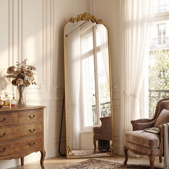 BEAUTYPEAK Miroir Pleine Longueur Arqué 65"x21 Pouces Miroir Vintage en Métal Style Baroque, Or