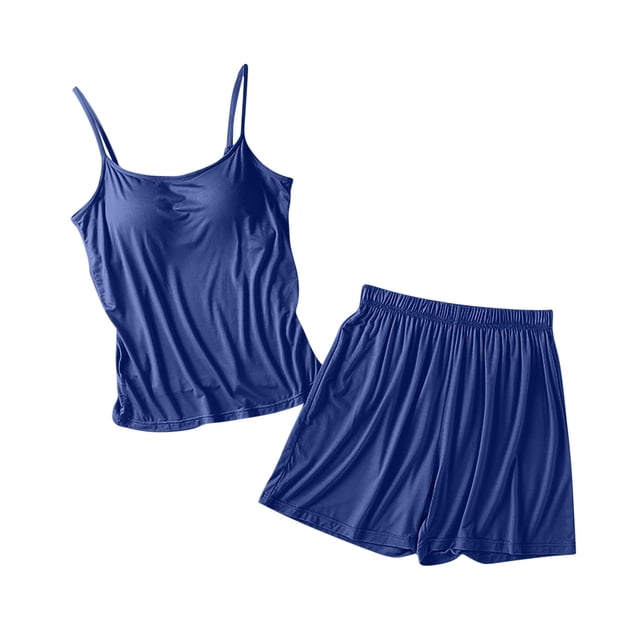 MeetoTime Pajamas for Women Set Summer Solid Color Spaghetti Strap Camisole with Chest Pad Shorts Homewear