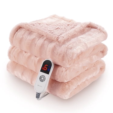 MARNUR Electric Throw Blanket Extra Large Size, 60" x 70" Soft Faux Fur Heated Throw Blanket, 6 Heating Levels, 4 Hours Timer - Pink