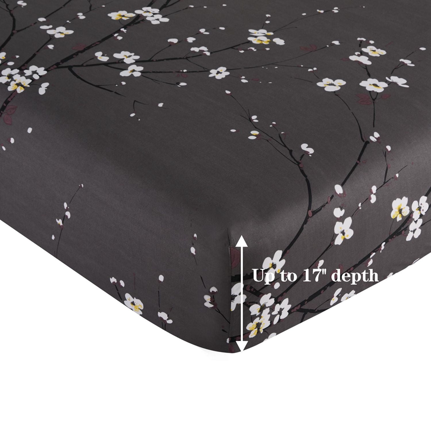 Marina Decoration Printed 600 Thread Count Soft Deep Pocket Hotel Standard Long Staple Cotton Blend Percale All Season Bedding Sheet Set, Plum Blossom Floral Grey Pattern