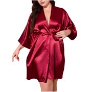 Yanlir Women Casual Fashion Solid Color Silk Robe Loose Comfortable Home Wear Long Sleeve Soft Silk Robe for Daily Spring Summer Lounge Wear Nightgown Set(Red,2XL)