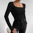 thumbnail image 4 of AherBiu Crop Tops for Women Ribbed Flare Long Sleeve Square Neck Slim Tight Basic Spring Shirt Blouse, 4 of 7