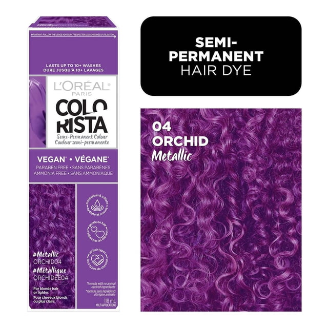 L'Oréal Paris Colorista Semi Permanente Hair Color in 04 Orchid Metallic, displayed in a purple box with vegan, paraben-free, and ammonia-free claims, alongside a close-up of curly hair dyed metallic orchid purple, designed for blonde or lighter hair and semi-permanent use.