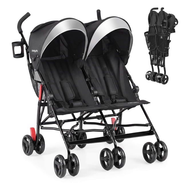 Babyjoy Foldable Twin Double Stroller Kids Ultralight Umbrella Stroller Pushchair in black, featuring two side-by-side seats with adjustable backrests, ventilated canopies, and 5-point safety harnesses. Lightweight steel frame with shock-absorbing swivel wheels and rear wheel brakes for smooth maneuverability. Includes cup holder, storage bags, and bottom baskets for convenience. Compact foldable design ideal for travel.
