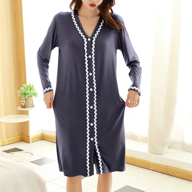 RXIRUCGD Womens Solid Color Cardigan Large Size Home Robe Can Be Worn As An Outerwear Medium Long Bathrobe Home Clothes( Gray, Size:L )