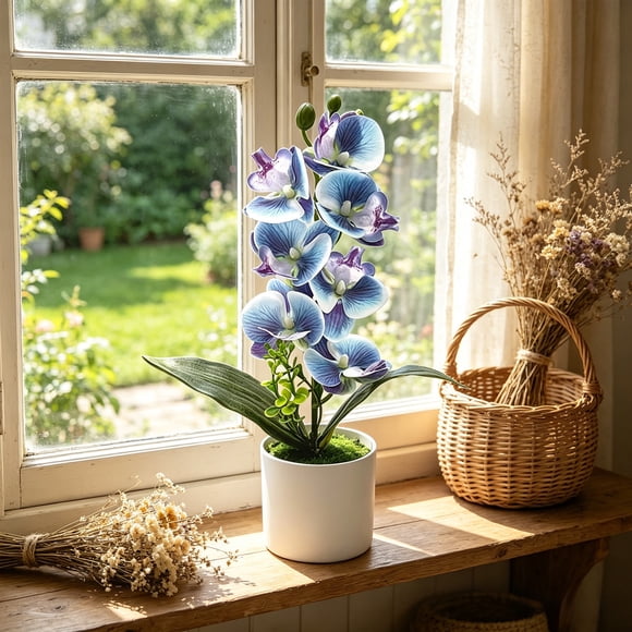 TOUMENY Artificial Phalaenopsis Orchid Potted, 7 Flowers Realistic Fake Flower Set Home Decor, Lifelike Plastic Orchid Wedding Ornament for Living Room Bedroom Table Centerpiece, Blue
