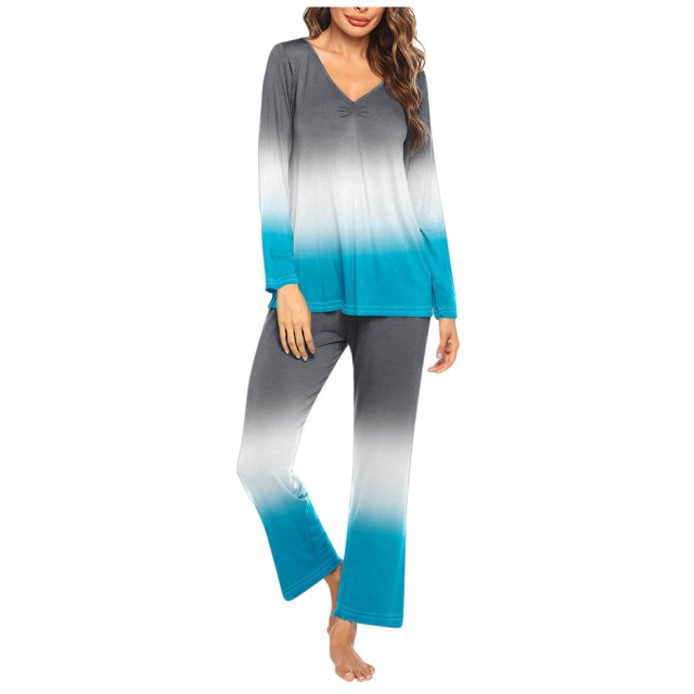 Timegard Ensembles de Pyjamas pour Femmes 2 Pcs Confortables Couleur Dégradée Manches Longues Col en V Haut et Pantalon Tenues de Pjs