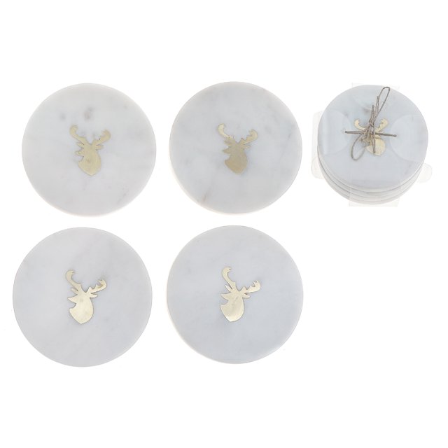 4Pc White Marble Round Coaster W/ Deer Head Brass Inlay set with five 4x4 inch round white marble coasters featuring a smooth finish and a brass deer head inlay at the center. Four coasters are laid flat, and one stack is tied with twine on a white background. Ideal for dining and entertaining, these serveware coasters protect surfaces from watermarks while adding a refined touch to home décor.