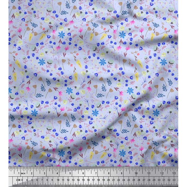 Soimoi Blue Moss Georgette Fabric Leaves,Insect & Floral Artistic Print Sewing Fabric BTY 42 Inch Wide