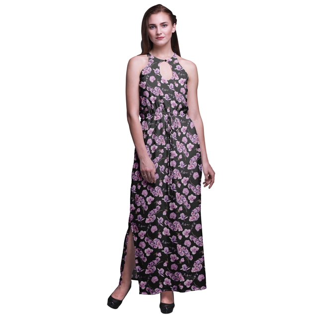 Bimba Floral Ladies Crew Neck Waist String Print Maxi Dress with Side Slits Summer Wear-XX-Large