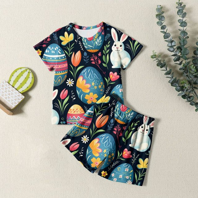 Ensemble de Pyjamas de Pâques pour Filles Mignon Lapin Tenue Col Rond T-Shirt à Manches Courtes et Shorts Ensemble Pyjamas pour Enfants