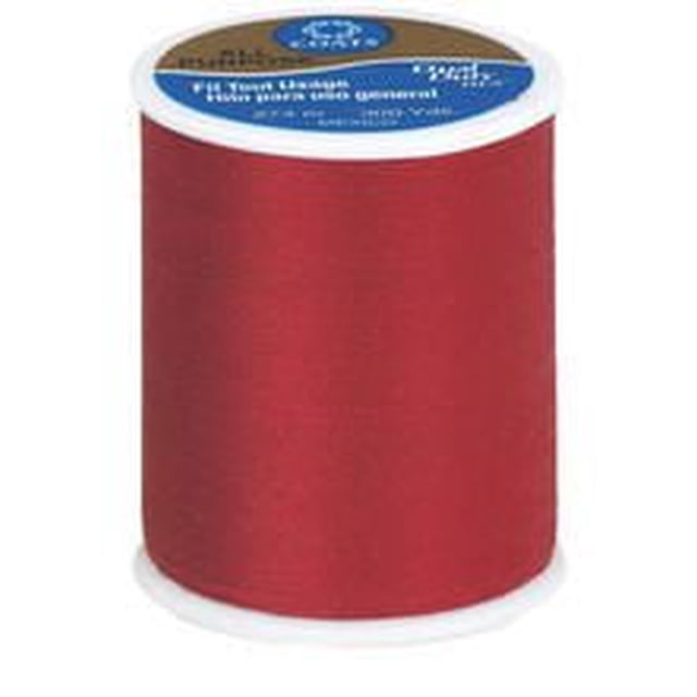 Coats & ClarkTM Fil Tout Usage 100 % Polyester, Bobine de 300 Yards en Rouge Foncé, Fil de Polyester Filé à la Main de Poids Moyen pour Coutures Durables sur Tissus Tissés Ou Tricotés, Convient à la Couture à la machine Ou à la Main, Également Idéal pour la Courtepointe et les Bricolages, Montré en Gros Plan à l'Avant avec base Blanche et Dessus à Étiquette Bleue.