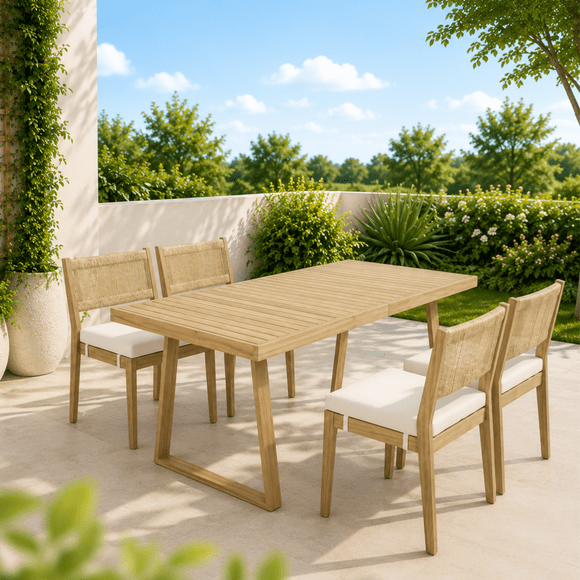 KOSSMAI 5-Piece Outdoor Patio Dining Set, Solid Acacia Wood Table and 4 Rope Chairs with Thick Cushions, Multi-Person Patio Furniture Set for Backyard, Balcony & Garden, Beige
