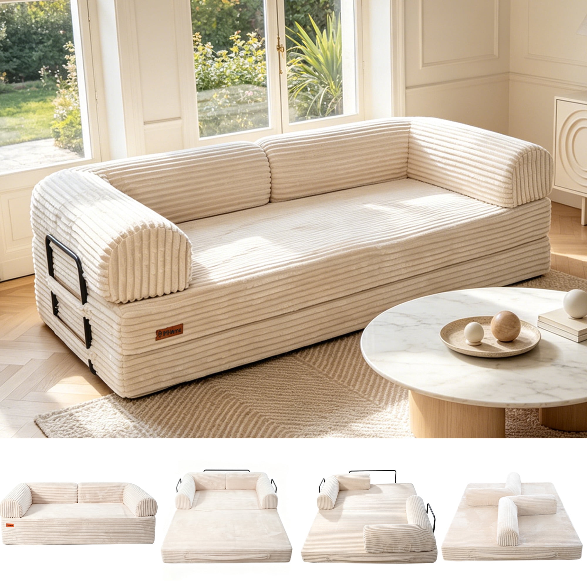IMHome Convertible Sofa Bed (Cream) | 4 in 1 Modular Sofa Bed | Foldable Sleeper Sofa | High Density Foam Couch | Space Saving Furniture for Living Room, Guest Room, Apartment