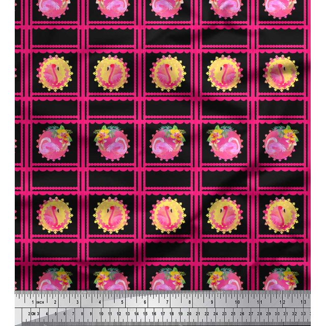 Soimoi Black Silk Fabric Geometric & Flamingo Bird Print Fabric by Yard 44 Inch Wide