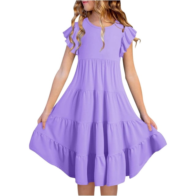 Robe pour Préadolescente à Manches Volantées, Robes de Printemps pour Filles, Robe Trapèze Violette pour Filles, Robes Élégantes