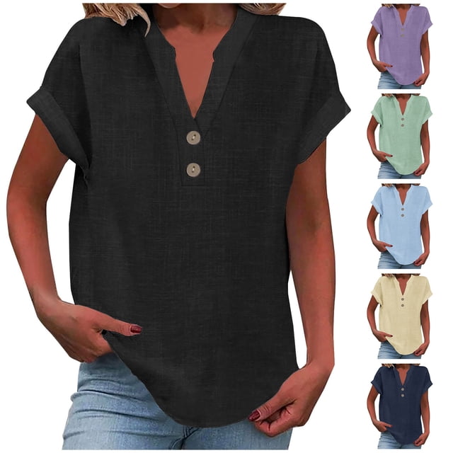 QIPOPIQ Womens Tshirts V Neck Short Sleeve Buttons Tops Tee Solid Color Blouse Loose Fit Clearance