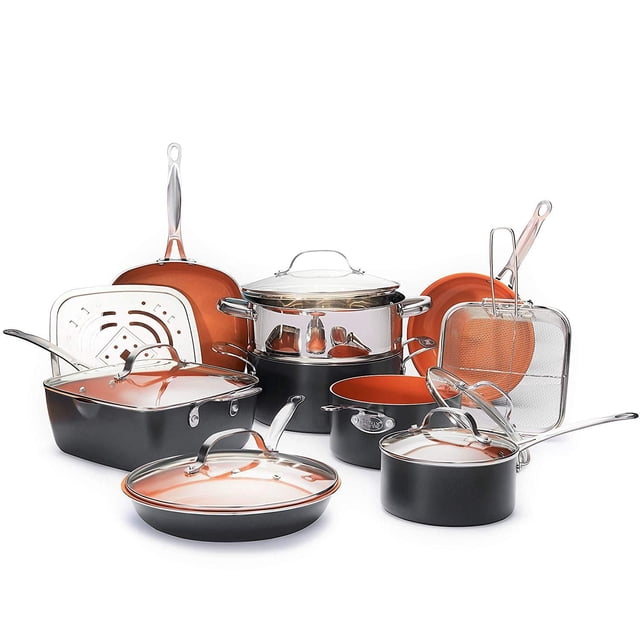 Gotham Steel 15 Piece Ceramic Nonstick Cookware Set with black aluminum exterior and copper ceramic nonstick interior, including skillets, saucepans, stock pot with steamer insert, deep square pan with lid, metal fry basket, and glass lids with stay-cool stainless steel handles, oven and dishwasher safe, suitable for even heat distribution and easy cleanup.