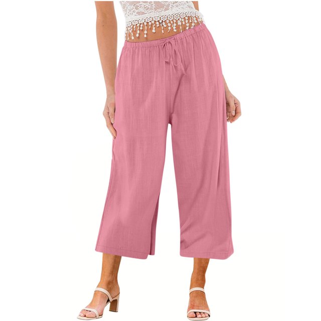 Yuyuzo Wide Leg Pants for Women High Waist Cotton Linen Drawstring Ruched Solid Color Boho Beach Trousers
