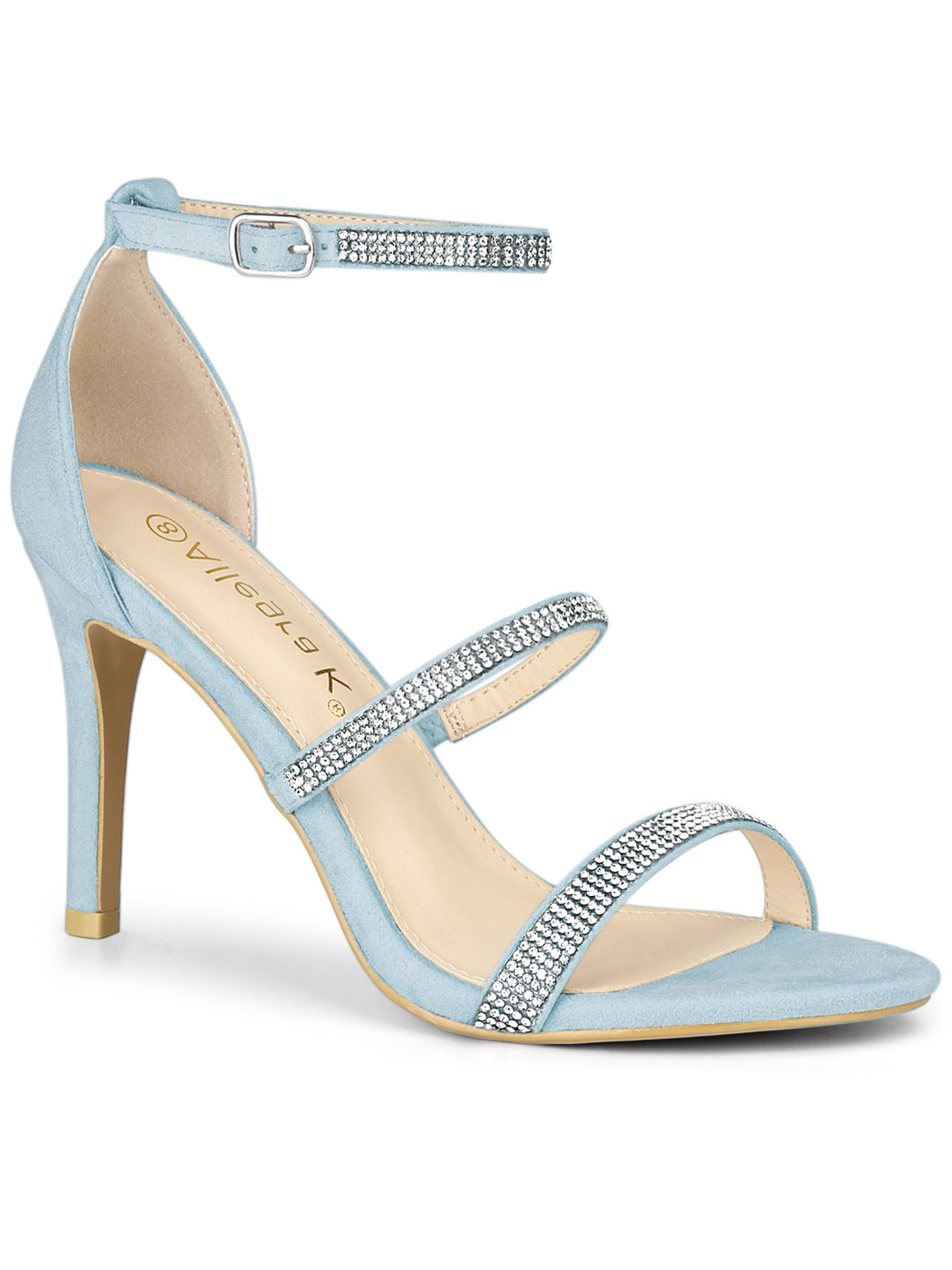 BLISSFUL STEP Women's Shoes Rhinestone Stiletto Heel Ankle Strap Sandals Sky Blue 8