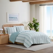 C&C California Printed Stripe Reversible Comforter Set, 100% Cotton, Breathable, All-Season Comfort , 3 piece, Full/Queen, Blue