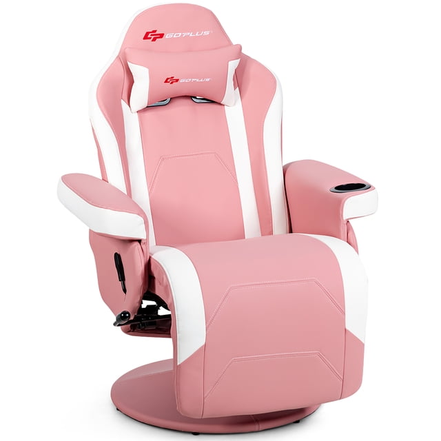 Goplus Fauteuil Inclinable de Jeu de Massage en Rose avec base Pivotante, Porte-Gobelet et Oreiller. Doté d'Un Revêtement en Cuir PU, d'Une Conception Ergonomique et d'Un Dossier et d'Un Repose-Pieds Réglables. Comprend 4 points de Massage avec 8 modes pour une Détente Personnalisable. Conçu avec une Pochette Latérale pour le Rangement et un Appuie-Tête Rembourré pour un Confort Accru.