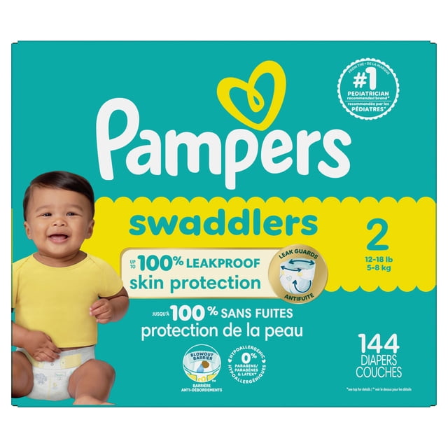 Pampers Swaddlers Couches Taille 2 Ensemble Mettant en Vedette un Bébé Portant une Chemise Jaune et une Couche, Mettant en Évidence une protection de la Peau jusqu'à 100 % Étanche avec Protège-Fuites Tout Autour et Barrière Anti-Éclaboussures, Formule Hypoallergénique Sans Parabènes Ni latex, Contenant 144 Couches Jetables pour Bébés de 12 à 18 Lb (5 à 8 kg).