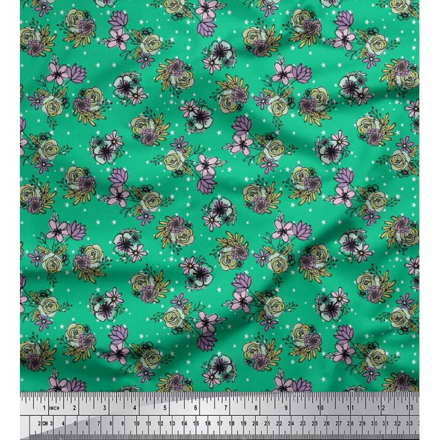 Soimoi Tissu Popeline de Coton Imprimé Étoile, Feuilles & Roses Floral au Mètre 56 Pouces de Large