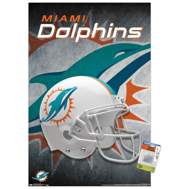 NFL Miami Dolphins - Affiche Murale Casque 18, 14,725 Po x 22,375 Po Encadrée Montrant un Casque de football Blanc Centré Orienté vers l'Avant avec le logo des Miami Dolphins Sarcelle et orange sur le Côté, sur un Fond Texturé Présentant un Grand Dauphin Stylisé et une Rafale de Soleil en Sarcelle et orange, art Mural Idéal pour la Déco de la Maison et les Chambres de Fans de Sport.
