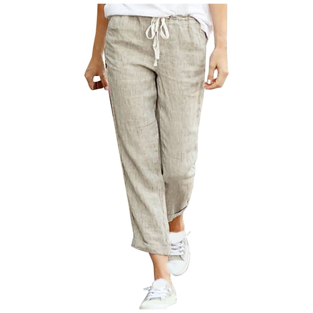 Yuyuzo Womens Cotton Linen Slacks Plus Size Lounge Pants Drawstring Waist Straight Leg Trousers Solid Color