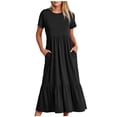 thumbnail image 1 of Penkiiy Robe d'Été Décontractée pour Femme à Manches Courtes, Col Ras du Cou, Coupe Évasée, Fluide, Maxi à Étages, Robe de Plage avec Poches, G Noir, 1 of 8