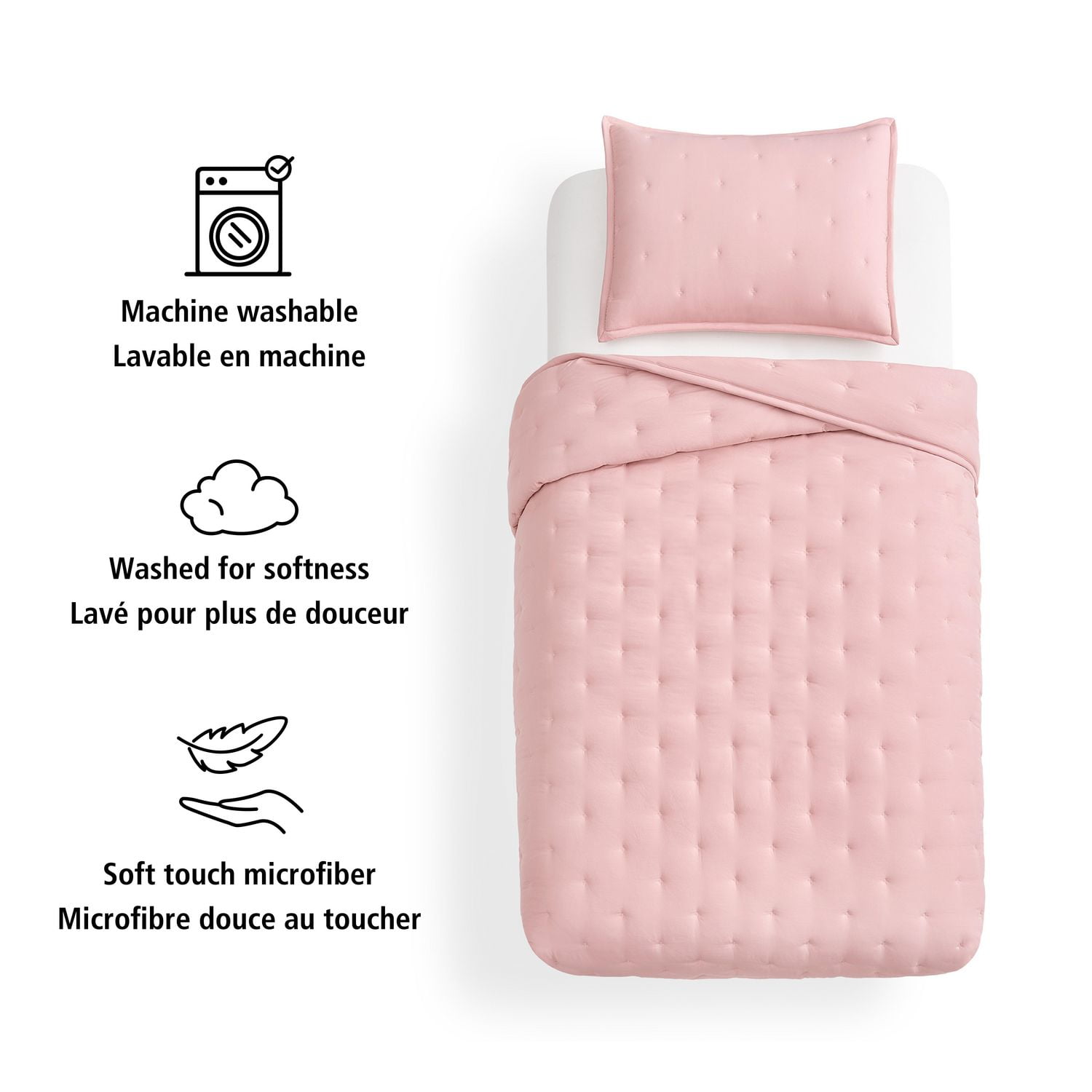 Ensemble de couette Mainstays format Queen, doux, léger et toutes saisons, 3 pièces, rose