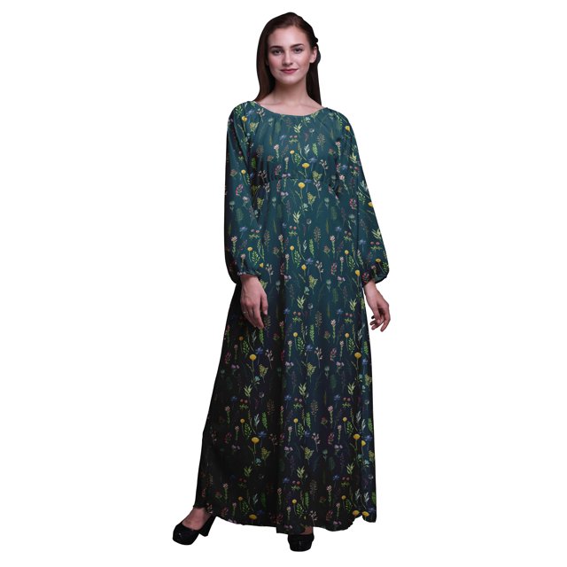 Bimba Moss Georgette Ranunculus & Sweetpea Leaves Print Womens Long Elastic Waist Casual Summer MaxiDress-XXX-Large