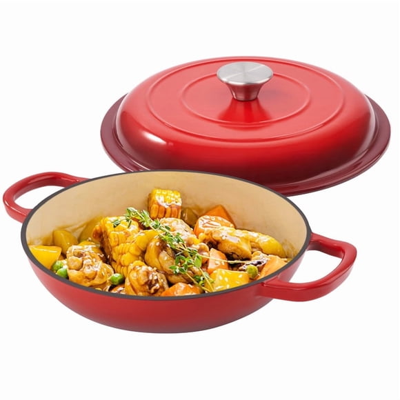Hawsaiy 3 Quart Enameled Shallow Cast Iron Dutch Oven with Lid, Dual Handles Dutch Pots for Cooking, Stewing, Heavy-Duty & Nonstick, Oven Safe up to 500° F, Works on All Stovetops,Red