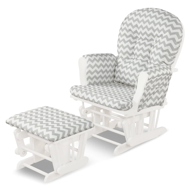 Costway Glider and Ottoman Cushion Set Wood Baby Nursery Rocking Chair in light grey with a chevron pattern. The set includes a glider with a high backrest, padded armrests, and a matching ottoman designed for footrest use only. Both pieces feature a sturdy rubber wood and bentwood construction with smooth, quiet gliding motion supported by enclosed metal ball bearings. The cushions are soft, breathable, and removable for easy cleaning. Ideal for nursery settings, providing comfort for mothers and babies during feeding or relaxation.