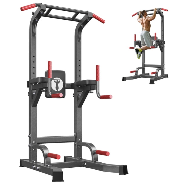 Soges Power Tower Dip Station Pull Up Bar Workout Multi-Function Adjustable Height Strength Training Equipment for Home Gym in black. Constructed with high-carbon steel for durability, featuring red plastic handgrips and non-slip foot pads for stability. Includes elbow and back pads for comfort during pull-ups, vertical knee lifts, and push-ups. Adjustable height from 167cm to 200cm with five levels for user adaptability. Space-saving design ideal for home gyms and strength training routines.