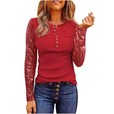 CEHVOM Women Long Sleeves Sequined Splicing Button Long Sleeve Blouse Loose Solid Color Stitching Tops Sequins Tunic Tops