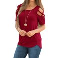 thumbnail image 5 of Women T-shirt Cold Shoulder Round cold shoulder solid color Neck Blouse Solid Color Top, Wine Red, L, 5 of 5