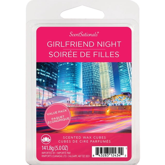 ScentSationals Scented Wax Cubes Value Pack - Girlfriend Night with six white wax cubes in a clear plastic clamshell, featuring a pink cityscape label with bilingual text, designed for home fragrance use, weighing 141.8g (5.0 oz).