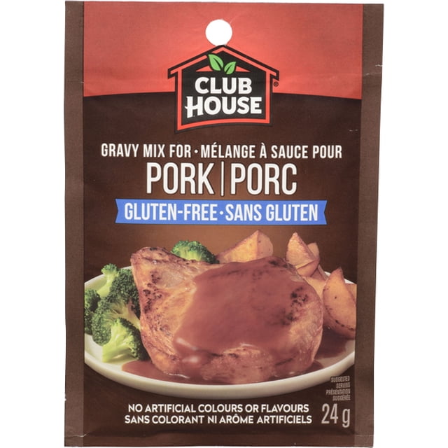 Club House Pork Gluten-Free Gravy Mix 24g packet with brown and red packaging, featuring the Club House logo, gluten-free label, and text stating no artificial colours or flavours, showing a serving suggestion of pork chop with gravy, roasted potatoes, and broccoli on a white plate.
