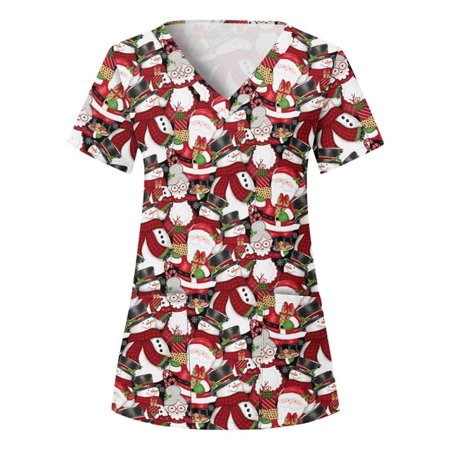 TIMIFIS Blouse d'Uniforme Imprimée de Noël pour les Fêtes, Hauts d'Uniforme Imprimés d'Halloween, Bonhomme de Neige, Manches Courtes, Col en V, Tunique de Soins Infirmiers, Blouse d'Uniforme de Travail avec Poches - Blanc Automne/hiver