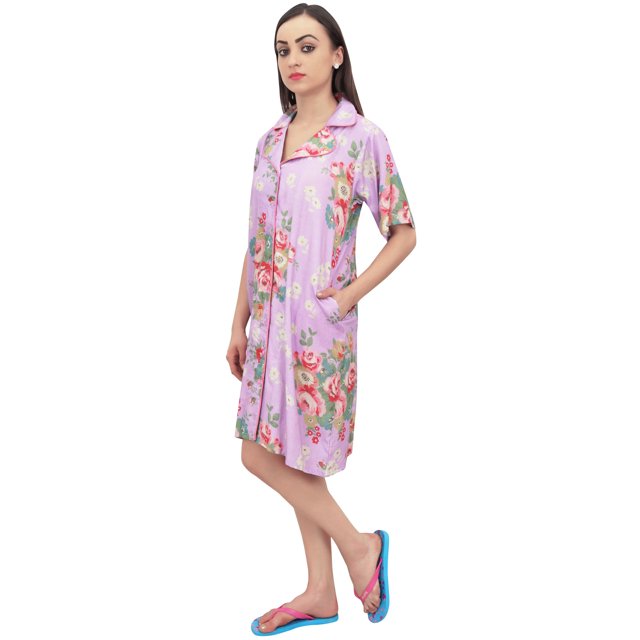 Bimba Chemise de Nuit en Rayonne Violette pour Femme à Boutons, Imprimé Floral, Robe de Nuit - 20