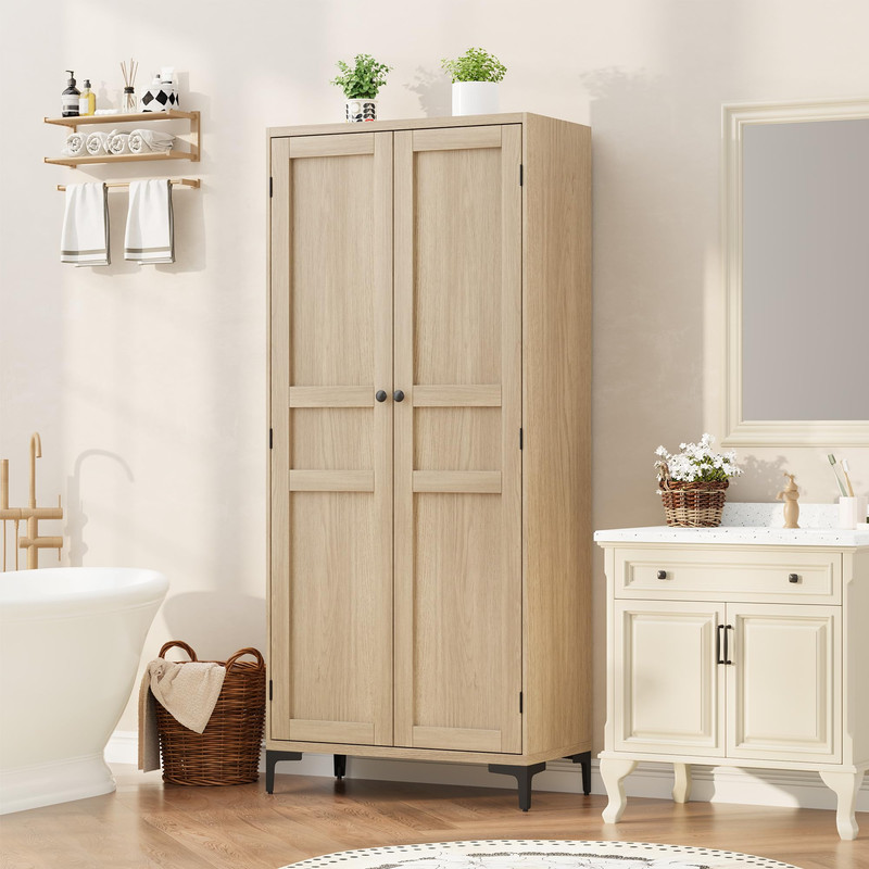 Storage Cabinet 63 Inch Tall, Kitchen Pantry Cabinet with 2 Doors and Adjustable Shelves, 5 Tier Bathroom Cabinet for Kitchen, Dining Room, Office, Bathroom (Pear Wood, Rustic Style)