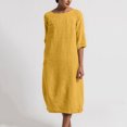 thumbnail image 1 of Robe en Coton et Lin pour Femmes Grande Taille Manches 3/4 Col Rond Coupe Ample Droite Unie Midi, 1 of 4