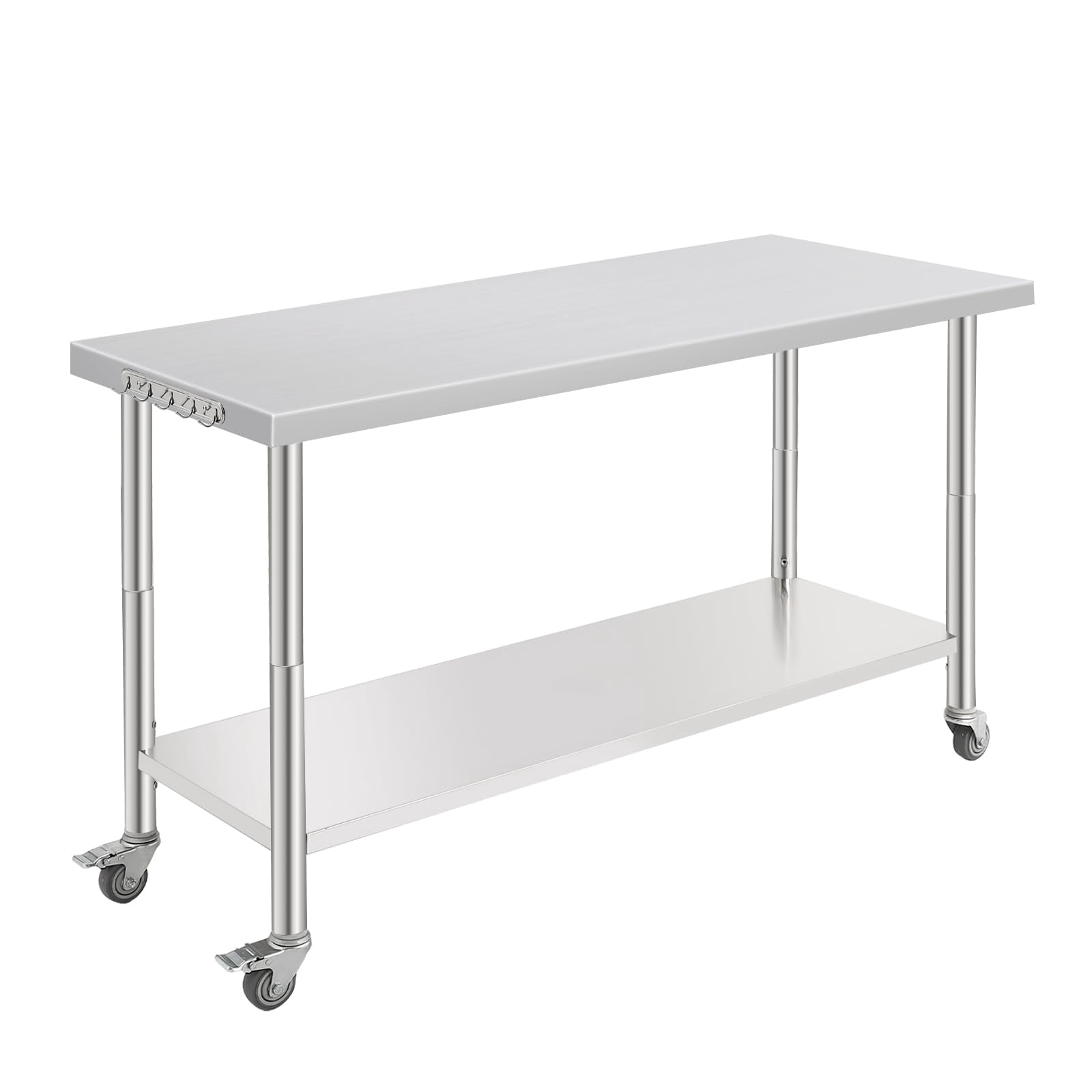 Table de Travail en Acier Inoxydable NSF - 60x24x35 Pouces - Tablette Inférieure Réglable, avec Roulettes, Bord Arqué, Crochet pour Outils, Sans Pare-Chocs Arrière, pour Restaurant et Maison