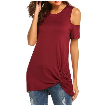 asjyhkr T-Shirts pour Femmes à Épaules Dénudées Manches Courtes Col Rond Coupe Ample Hauts d'Été Couleur Unie Décontractés Respirants Extensibles T-Shirts Basiques